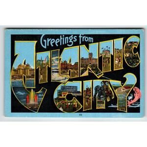 Greetings From Atlantic City NJ Large Letter Linen Postcard Lucy Steel Pier Fish